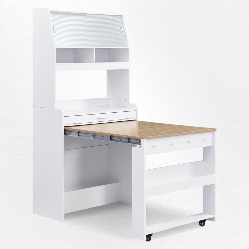 Kitchen Pantry With Foldable Dining Table, Natural/White