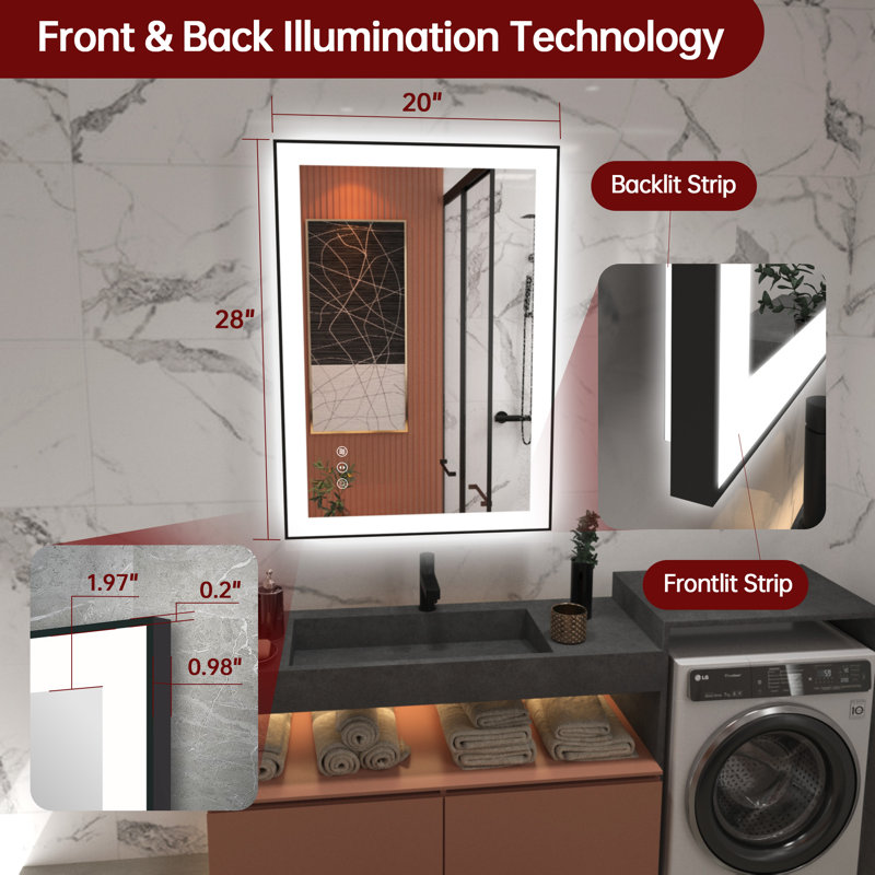  LED Bathroom Vanity Mirror with Front & Backlit, 28x20 Inch ETL Listed, Anti-Fog, Dimmable, 3 Color Temperatures, Tempered Glass LED Vanity Mirror with Black Frame