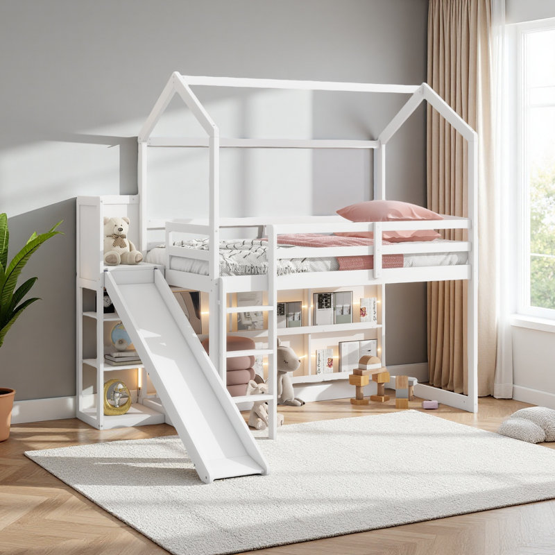 Lit mezzanine simple avec glissade, tablettes de rangement et rampe d'escalade, Blanc