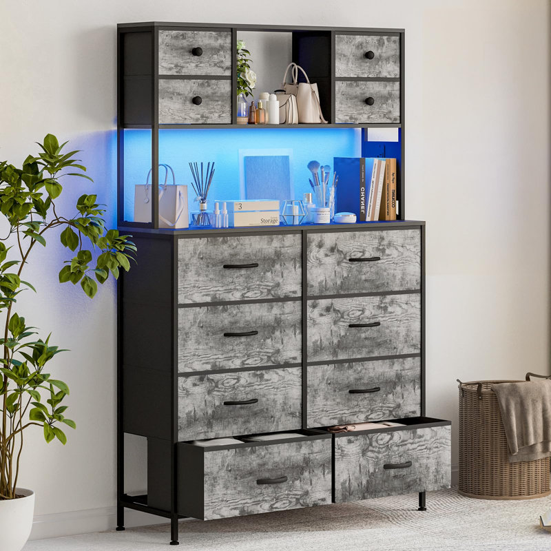 12 Drawer Fabric Dresser with LED Lights, Power Outlet & Open Shelves, Wood Top Metal Frame, Gray