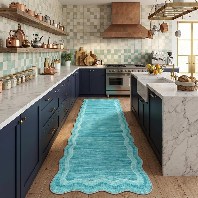 Tapis festonné lavable pour bureau de salle à manger, Sarcelle, Tapis de couloir 72 po x 24 po