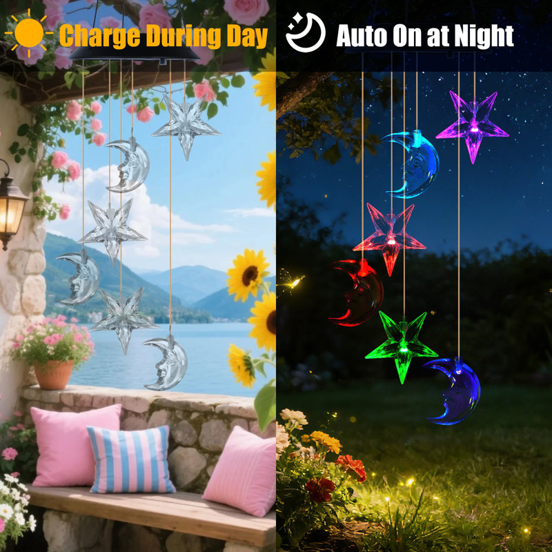 Étoile et lune, carillon solaire changeant de couleur, imperméable, décoration de jardin extérieur, 1