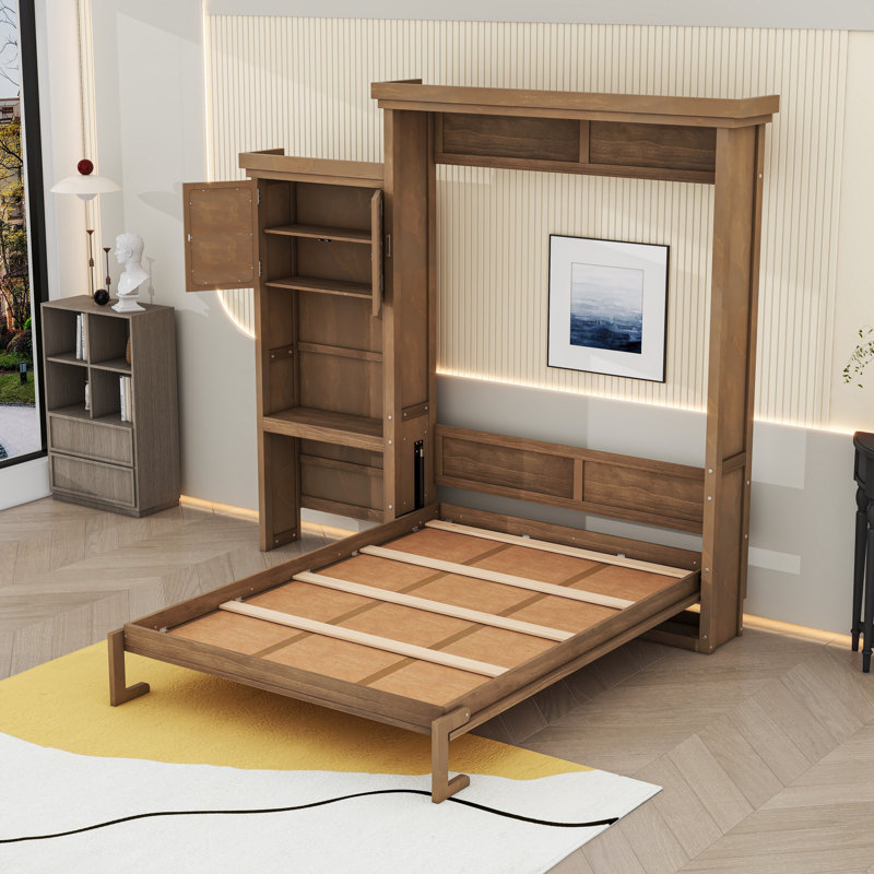 Grand lit escamotable en bois avec tablettes, conception classique à persiennes, Couleur du bois