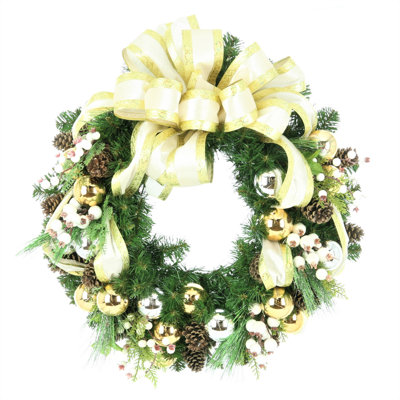 Pinecones, Berries, Ornaments on an Evergreen Wreath with a Cream and Gold Bow