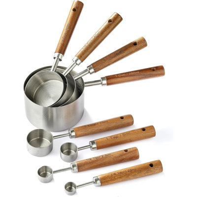 8 Piece Stainless Steel Measuring Cups And Spoons Set With Wood Handles