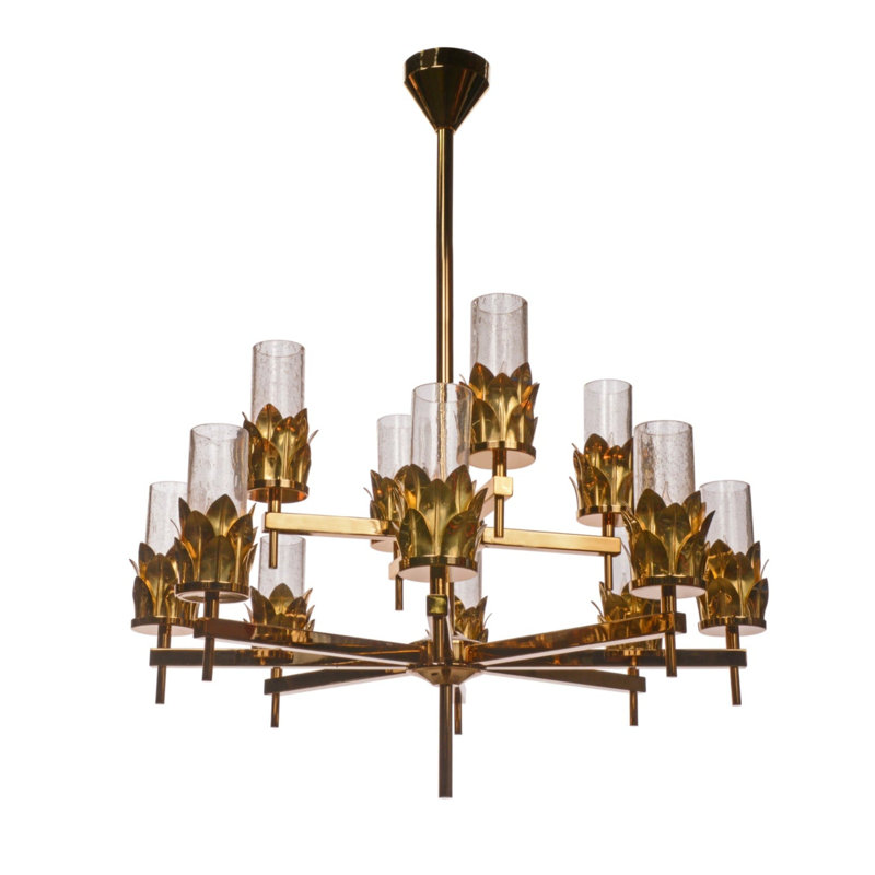 12 - Light Chandelier, 40" H x 35" W x 35" D, Seeded Clear, Polish Brass