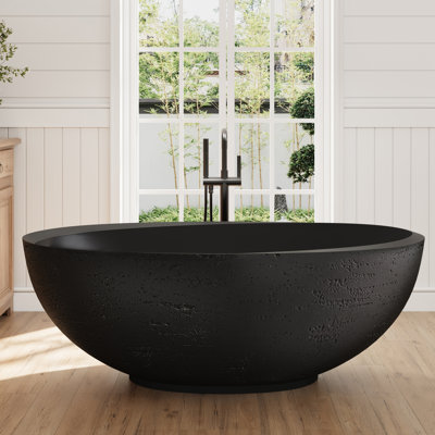 67" x 32'' Freestanding Tub Solid Surface Deep Soaking Stone Bathtub in Black