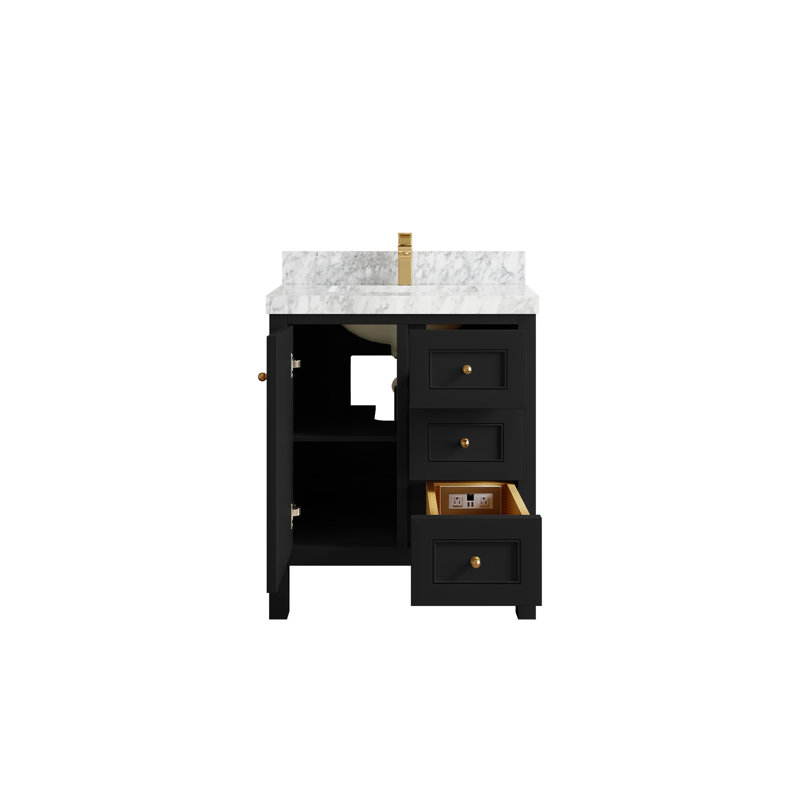 30 po Nashville X P 22 po D Meuble-lavabo simple avec 2 po Marbre de Carrare, Or brossé, Noir