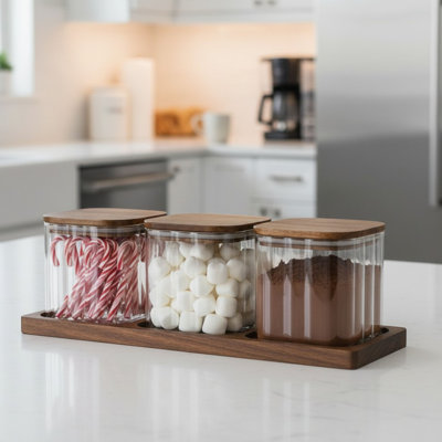 Everyday Acacia 3-Piece Glass Canister Set W. Tray, Square
