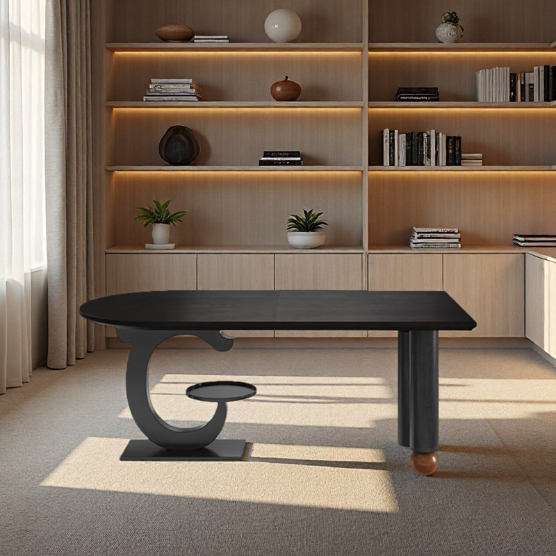Bureau noir semi-circulaire à usage domestique, bois massif, H 29,53 po x l 55,12 po x P 31,5 po