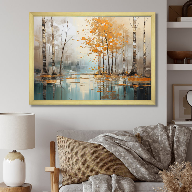 «Birch Woods Golden Reflections I - Tree Birch», art mural encadré, H 30 po x l 40 po x P 1,5 po, Cadre doré simple