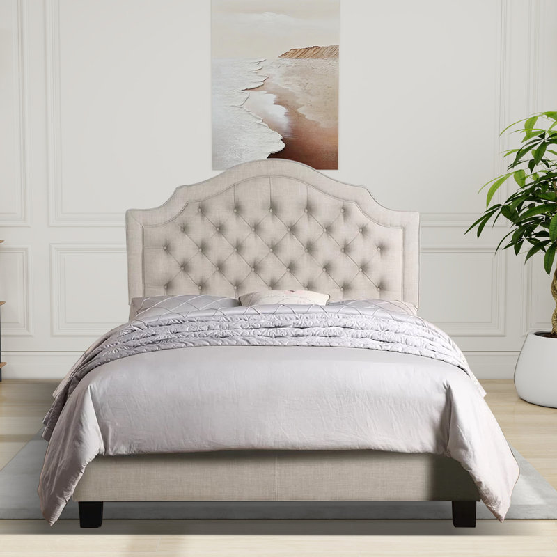 Lit rembourré en lin avec tête de lit réglable et capitonnage à boutons, Beige, Grand
