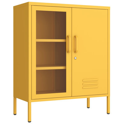 Yellow Lockable Glass & Metal Door Storage Cabinet, 3-Tier Freestanding Locker Organizer with 2 Adjustable Shelves, Multipurpose Unit for Home, Entryway, Hallway, 33"H x 29.5"W x 13.8"D