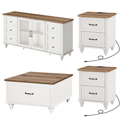 4 Piece Living Room Table Set - Includes Modern Coffee Table With Lift Top, Glass Door TV Stand For 65 Inch TV, Set Of 2 Side End Tables With Charging by Alcott Hill