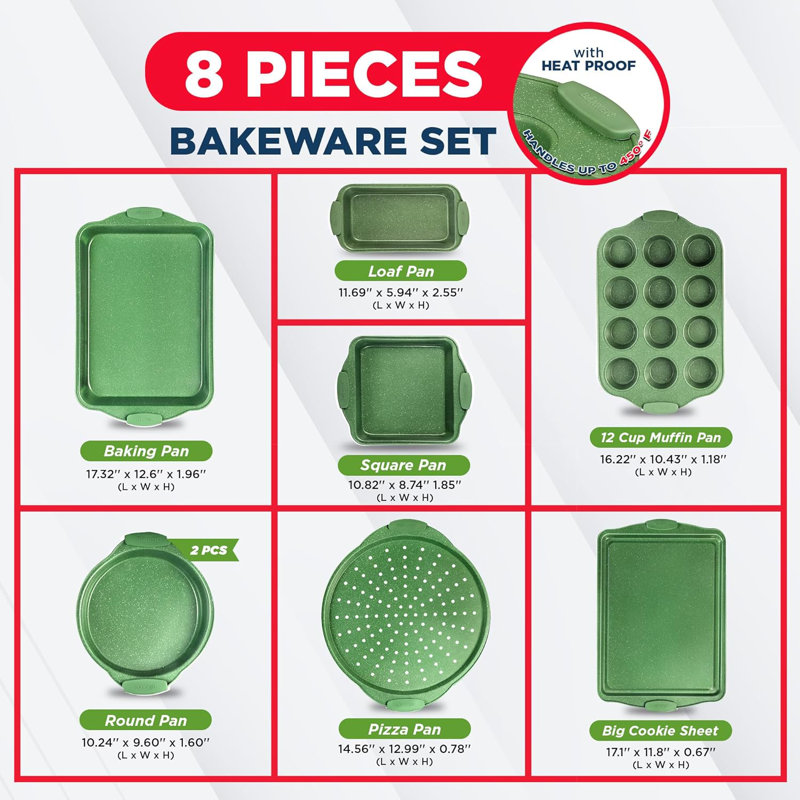 Bakken 8-piece Nonstick Baking Pan Set – Green Marble Carbon Steel Bakeware With Green Silicone Handles, Oven Safe 450°f, Pfoa-free