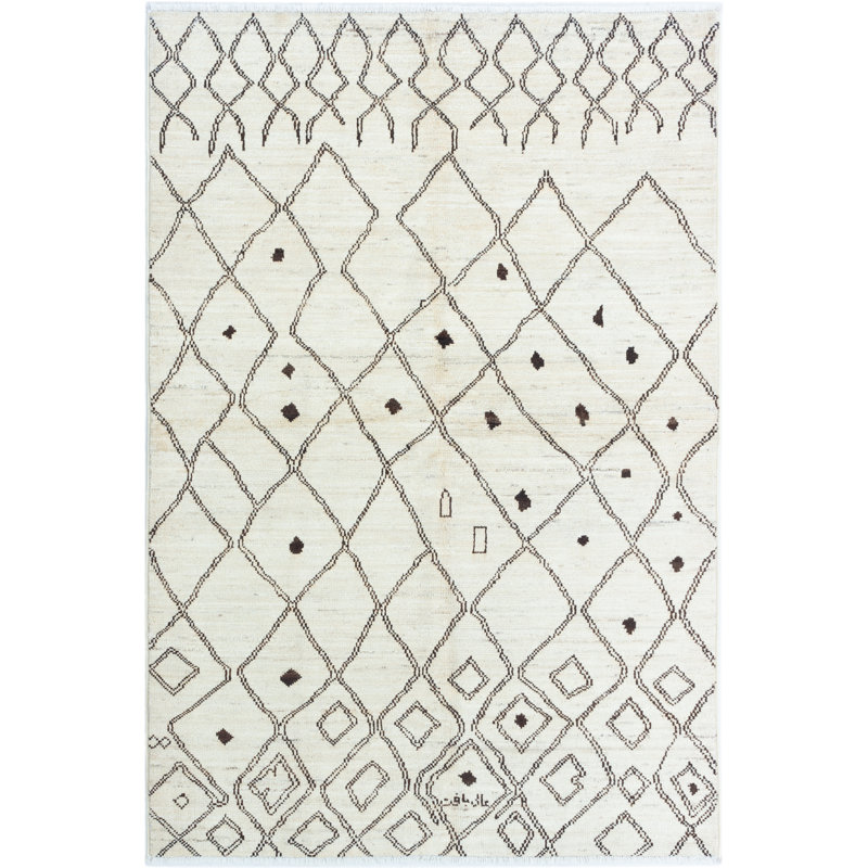 Tapis unique en laine noué à la main style Mogul beige et noir des années 2010 de 6 pi x 8 pi 10 po