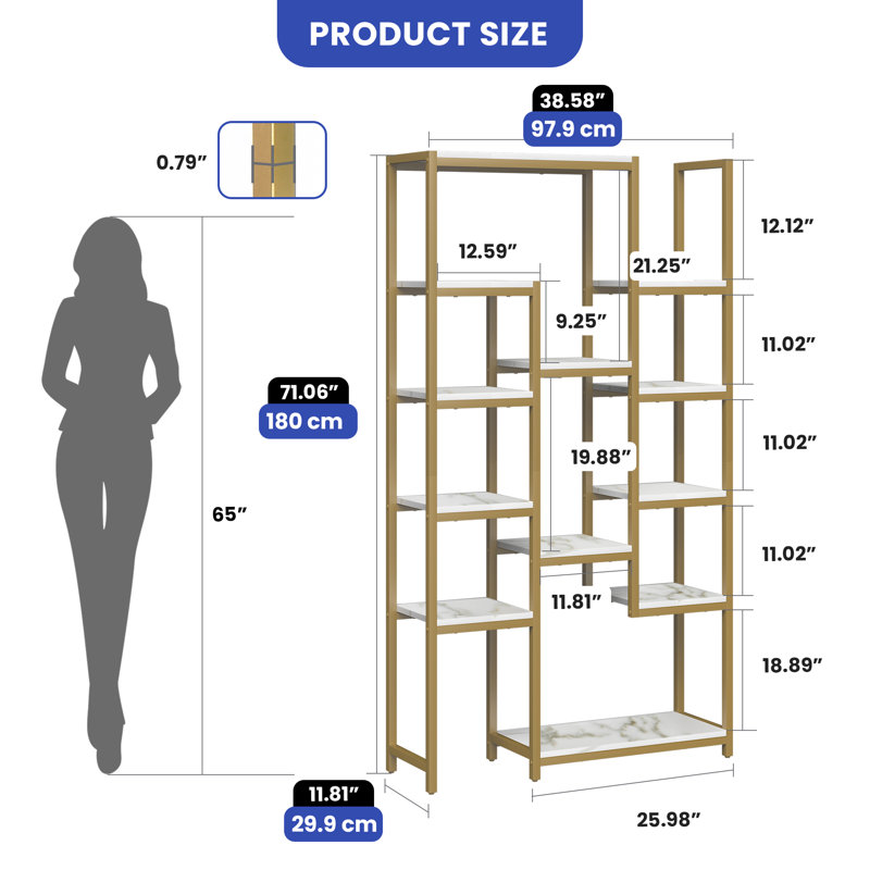 6 Tier Gold Geometric Bookcase In Marble Finish With 12 Shelves