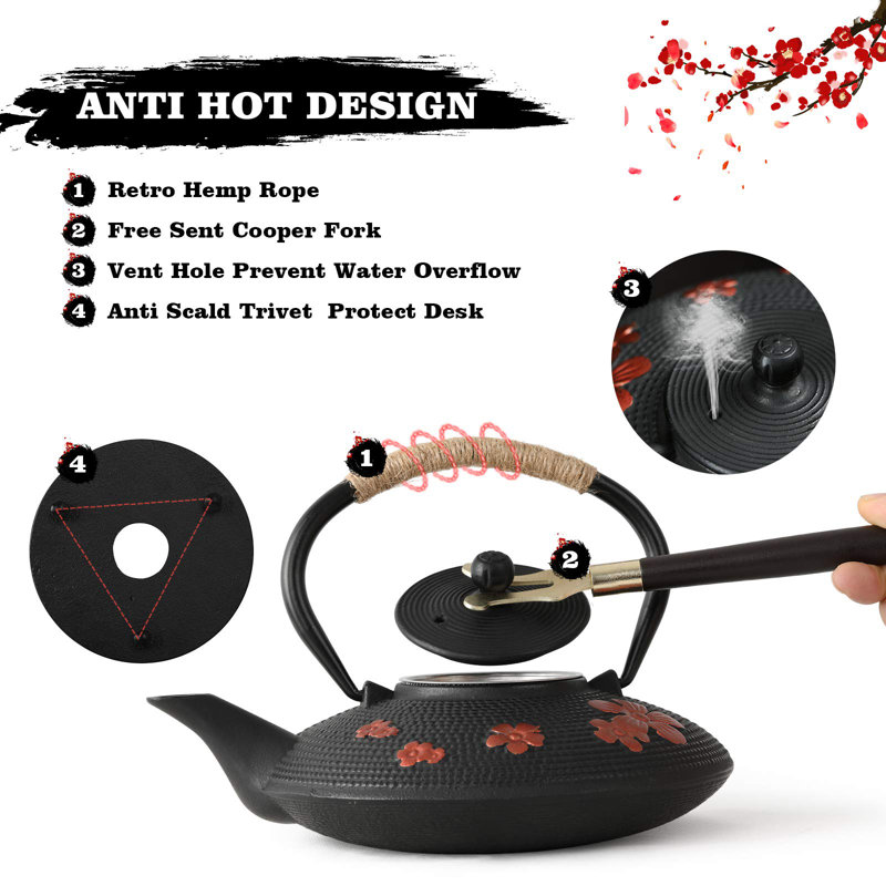 Théière en fonte de style japonais avec 4 tasses à thé Trivet Tetsubin Stovetoptea bouilloire avec infuseur Théière en fer pour adultes