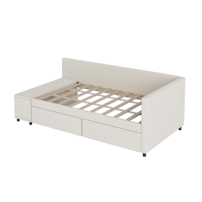Lit plateforme simple tapissier en forme de L avec rangement et tiroirs, Beige
