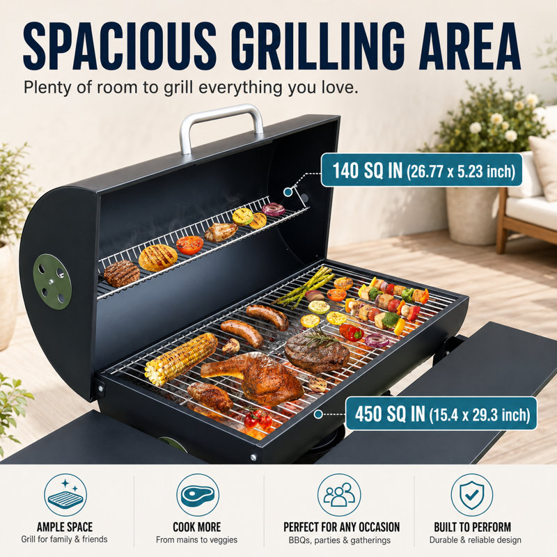 Barbecue au charbon de bois extérieur avec tables latérales et frontales, grand barbecue au charbon de type baril avec grille de maintien au chaud, fonction fumoir, thermomètre et roues pour le camping dans le jardin ou sur la terrasse.