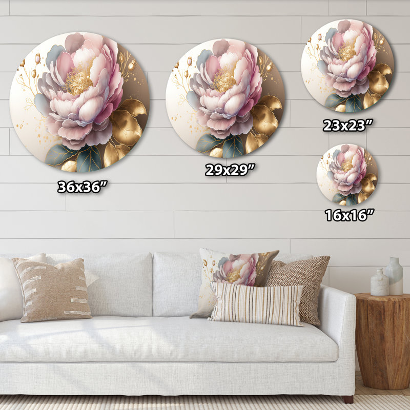 Fleur de camélia rose et doré II - art floral rond en métal, H 16 po x l 16 po