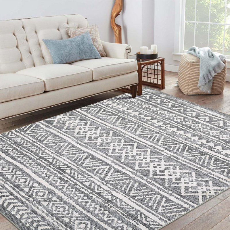 Washable Bedroom Rug Non-Slip Low Pile Stain-Resistant Soft Foldable Lightweight Modern Accent Rug Living Room Playroom Beige & Gray