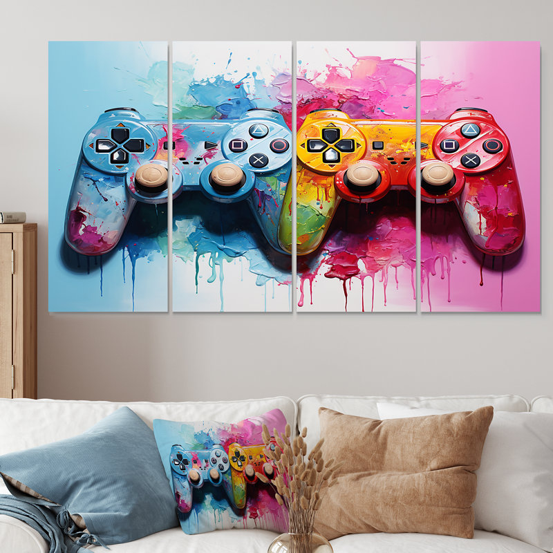 «Pink and Blue Ps Video Game Controllers», art mural 4 pièces, H 32 po x l 64 po