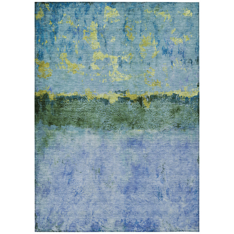Tapis d'extérieur lavable abstrait bleu et vert lime 10 pi x 14 pi
