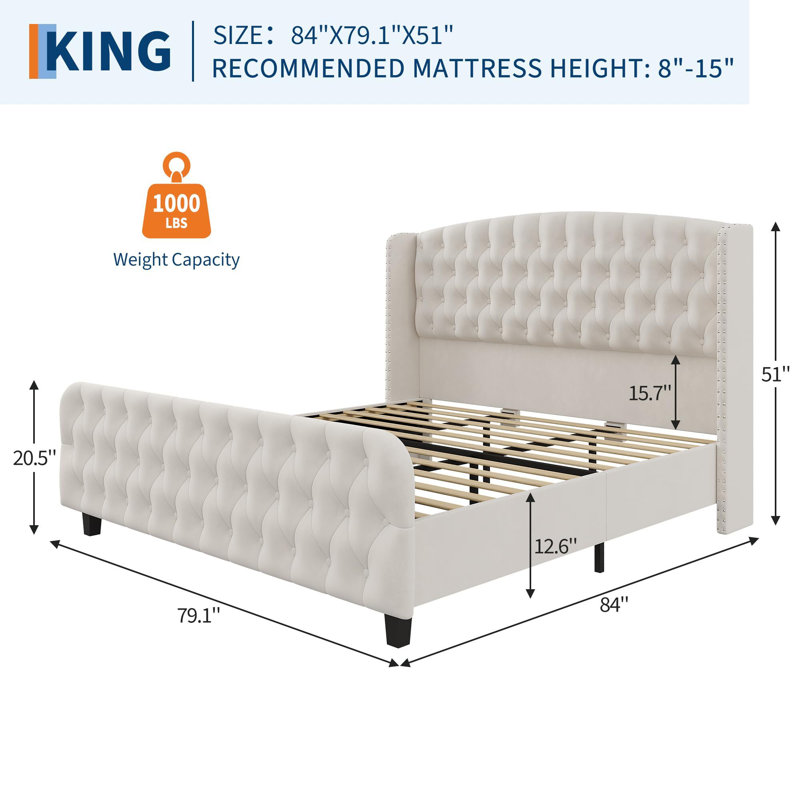 Velvet Upholstered Platform Bed Frame, With Deep Button Tufted Wingback Headboard, Beige, King