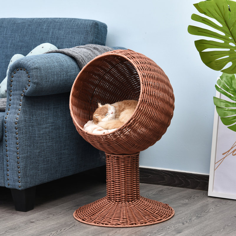 Panier à chat brun avec siège pivotant et rembourrage douillet, coussin épais, tapis tissé,