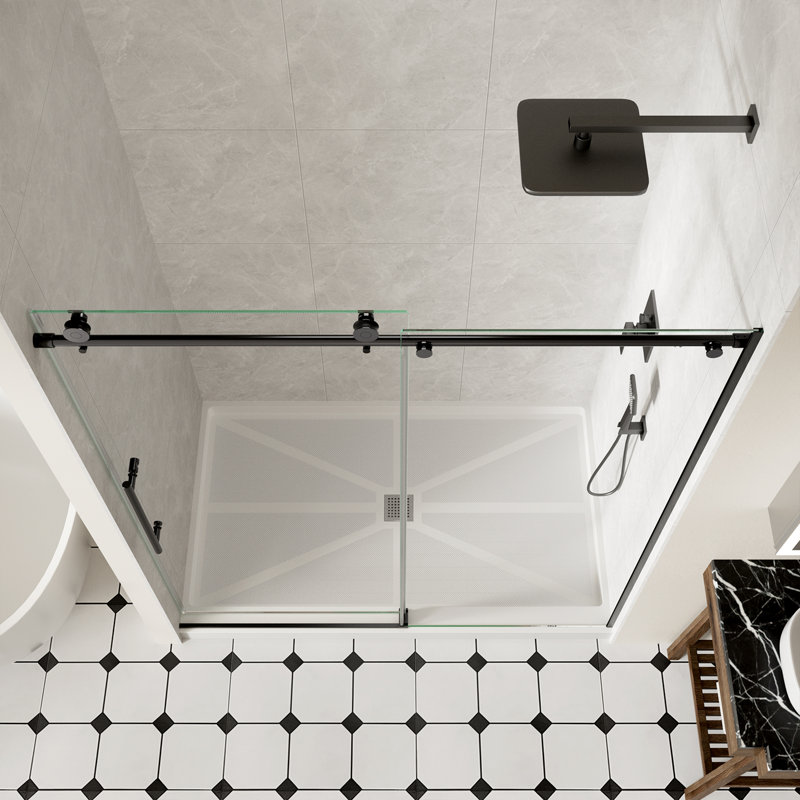 Frameless Shower Door, 56-60" W x 74" H Sliding Shower Door with 5/16" (8mm) Clear SGCC Tempered Glass, Soft Close, Full Stainless Steel, Matte Black Finish