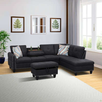 Canapé modulaire réversible en forme de L avec repose-pieds, canapé capitonné en lin avec garniture de rivets, canapé d'angle 4 places pour petit salon