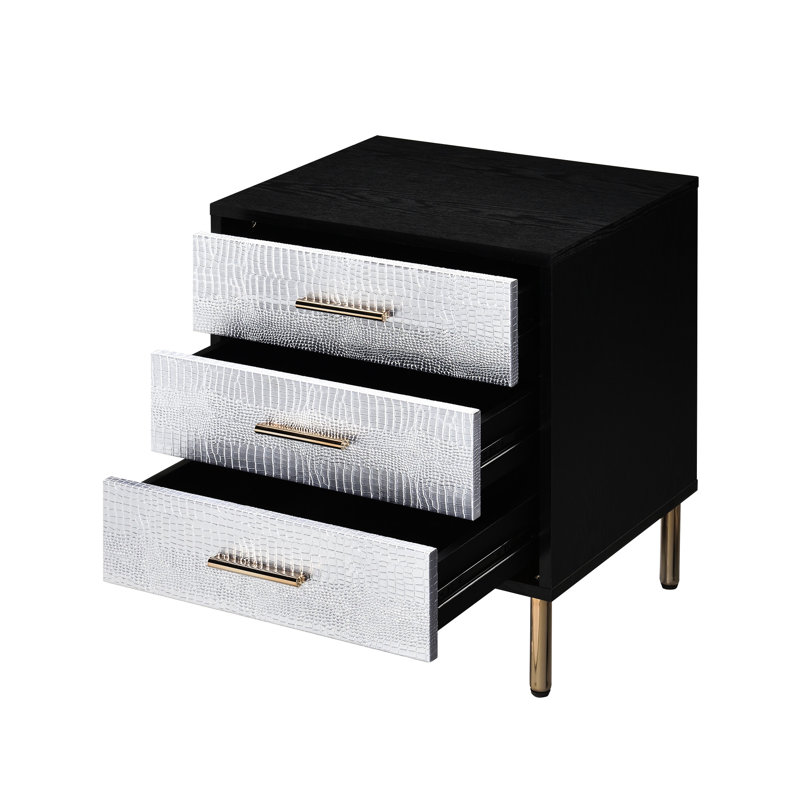 Table de chevet de conception moderne avec 3 compartiments de rangement en noir, argenté et doré