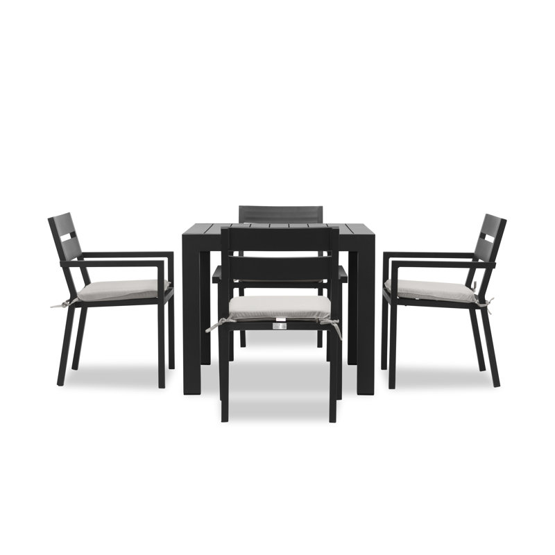 Eartha Square 4 - Person Power Coated Aluminum Dining Set with Cushions, Noir, Argent coulé Sunbrella®