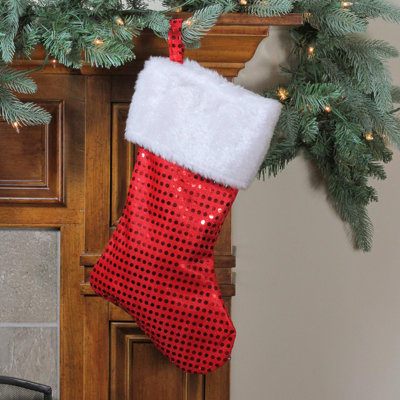 18" Red and White Sequined Traditional Christmas Stocking