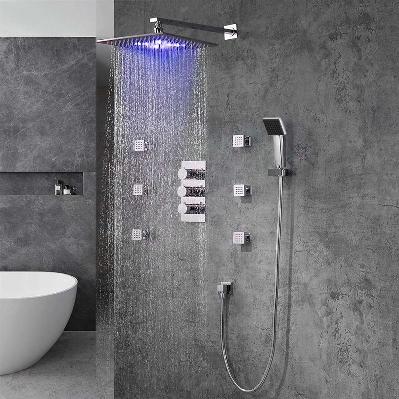 Système de douche à pluie à changement de couleur à DEL avec jets de corps et douche à main