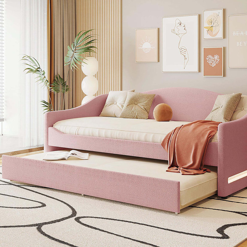 Lit de jour rembourré en molleton avec lumière et couchette Teddy, Lit simple, Rose