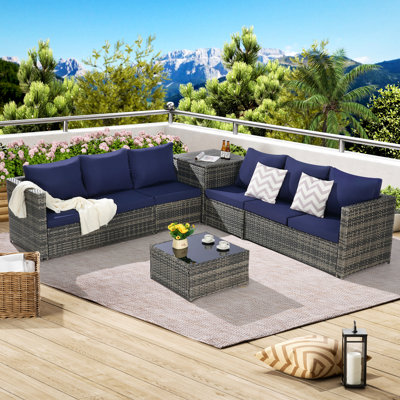 Ensemble de meubles de patio 6 pièces, ensemble modulaire en L tissé pour l'extérieur, ensemble de conversation en osier avec table d'angle et table en verre pour la piscine