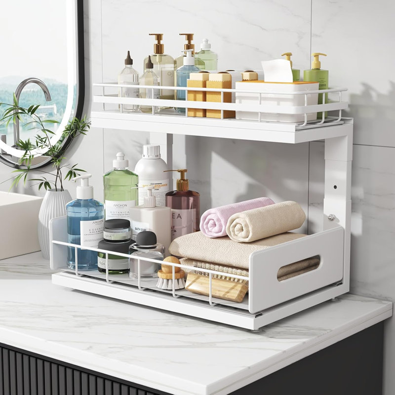 Rangement sous l'évier avec rails professionnels, deux tiroirs coulissants, hauteur réglable, cadre en métal durable pour le rangement de la cuisine et de la salle de bain