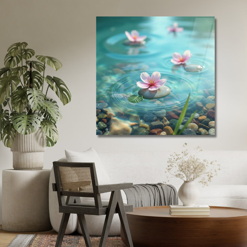 Art mural en verre trempé fleur rose, H 12 po x l 12 po
