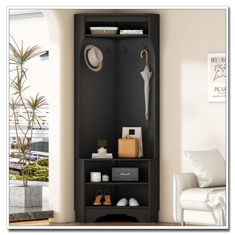 Minimalist Corner Hall Tree with Shoe Bench, Black