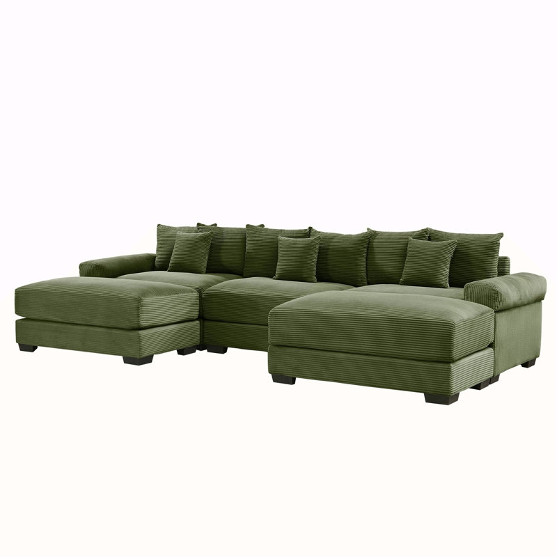 Canapé modulaire surdimensionné de 130 po Cloud, tissu velours côtelé haut de gamme, accoudoirs larges à 3 places, avec méridienne, conception ergonomique, assemblage facile pour les salons, vert