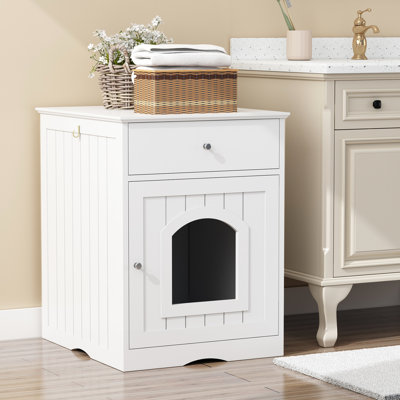 Enceinte de litière d'intérieur en bois pour chat avec table d'appoint et tiroir - blanc et utilisable