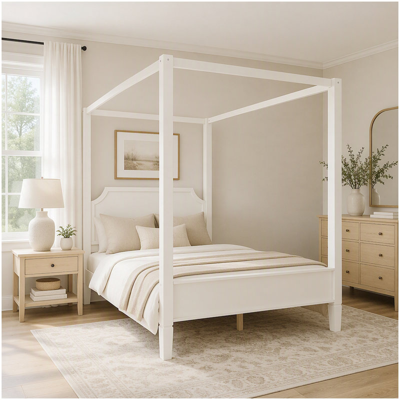Queen Size Wooden Canopy Platform Bed with Headboard and Support Legs, Creamy White, Queen
