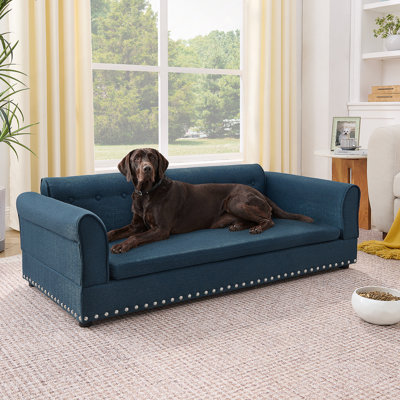 Canapé surdimensionné pour animal de compagnie, élégant canapé-lit surélevé en tissu de lin moderne, lit pour animal de compagnie rectangulaire surdimensionné confortable avec dossier et accoudoirs pour les chiens de grande taille et surdimensionnés