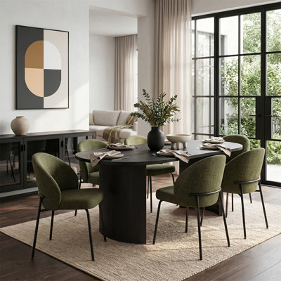 Theodore Modern 79" Black Oval Dining Set For 6 With Upholstered Chairs