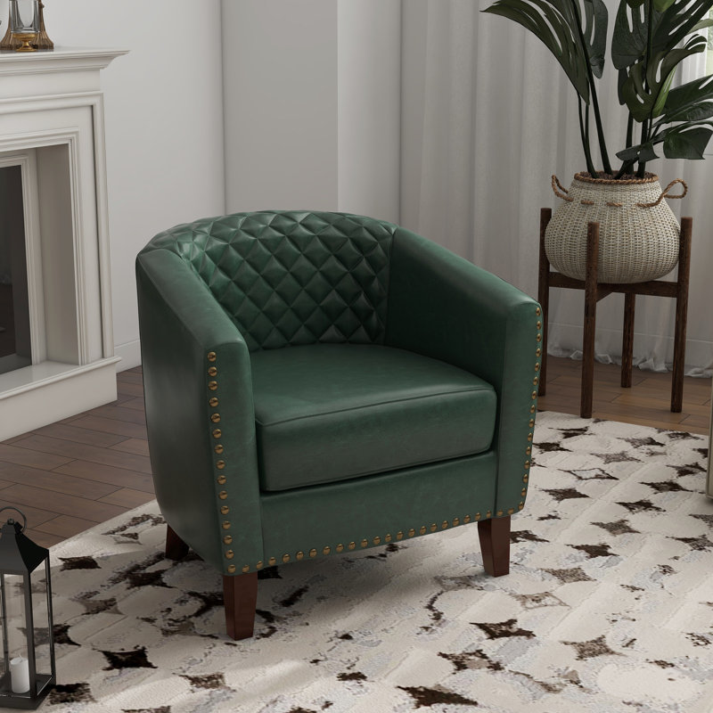 Edvardas 73.9 Cm Wide Tufted Barrel Chair, Green Faux Leather