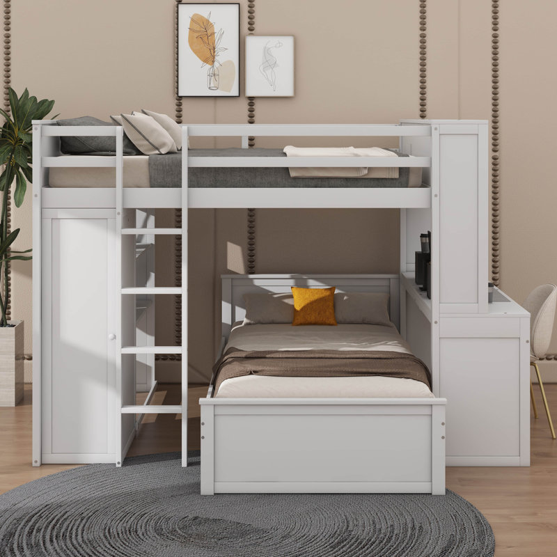 Lit mezzanine double avec lit simple attaché, étagère, bureau et garde-robe, Blanc