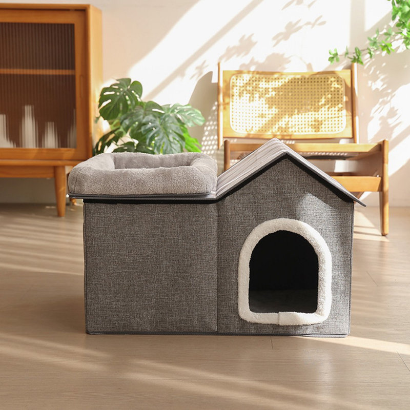Maison pour chat 2-en-1 avec perchoir de toit moelleux et intérieur doux - idéale pour se reposer et dormir, Gris