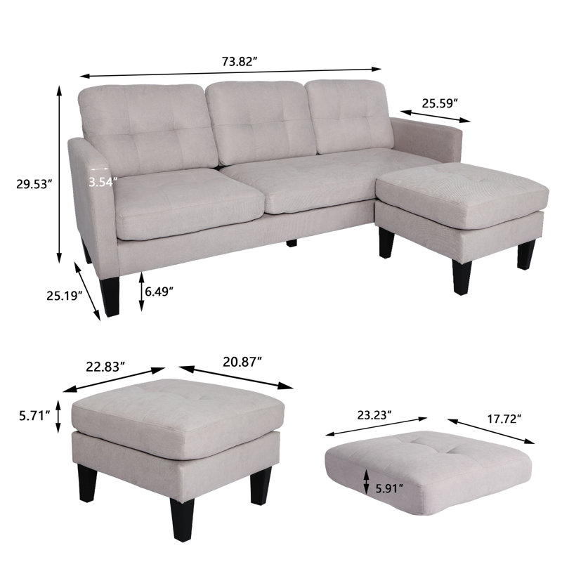 Videlle 73.8" Wide Reversible Sofa & Chaise with Ottoman, Light Gray Linen